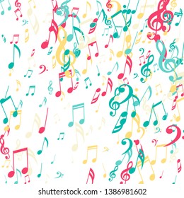 Falling Musical Signs. Trendy Background with Notes, Bass and Treble Clefs. Vector Element for Musical Poster, Banner, Advertising, Card. Minimalistic Simple Background.