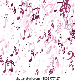Falling Musical Symbols. Abstract Background with Notes, Bass and Treble Clefs. Vector Element for Musical Poster, Banner, Advertising, Card. Minimalistic Simple Background.