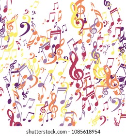 Falling Musical Symbols. Abstract Background with Notes, Bass and Treble Clefs. Vector Element for Musical Poster, Banner, Advertising, Card. Minimalistic Simple Background.