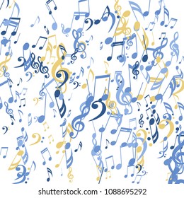 Falling Musical Symbols. Abstract Background with Notes, Bass and Treble Clefs. Vector Element for Musical Poster, Banner, Advertising, Card. Minimalistic Simple Background.