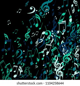 Falling Musical Symbols. Abstract Background with Notes, Bass and Treble Clefs. Vector Element for Musical Poster, Banner, Advertising, Card. Minimalistic Simple Background.