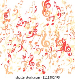 Falling Musical Symbols. Abstract Background with Notes, Bass and Treble Clefs. Vector Element for Musical Poster, Banner, Advertising, Card. Minimalistic Simple Background.