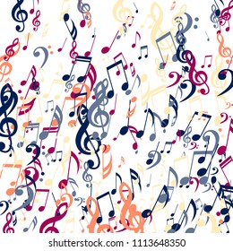 Falling Musical Symbols. Abstract Background with Notes, Bass and Treble Clefs. Vector Element for Musical Poster, Banner, Advertising, Card. Minimalistic Simple Background.