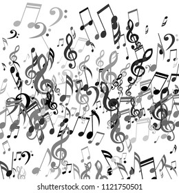 Falling Musical Symbols. Abstract Background with Notes, Bass and Treble Clefs. Vector Element for Musical Poster, Banner, Advertising, Card. Minimalistic Simple Background.