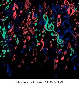 Falling Musical Symbols. Abstract Background with Notes, Bass and Treble Clefs. Vector Element for Musical Poster, Banner, Advertising, Card. Minimalistic Simple Background.