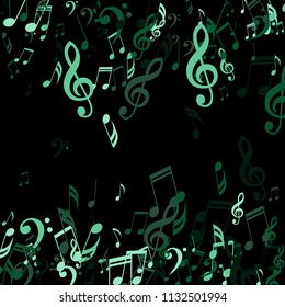 Falling Musical Symbols. Abstract Background with Notes, Bass and Treble Clefs. Vector Element for Musical Poster, Banner, Advertising, Card. Minimalistic Simple Background.