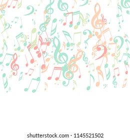 Falling Musical Symbols. Abstract Background with Notes, Bass and Treble Clefs. Vector Element for Musical Poster, Banner, Advertising, Card. Minimalistic Simple Background.