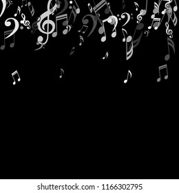 Falling Musical Symbols. Abstract Background with Notes, Bass and Treble Clefs. Vector Element for Musical Poster, Banner, Advertising, Card. Minimalistic Simple Background.