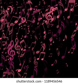 Falling Musical Symbols. Abstract Background with Notes, Bass and Treble Clefs. Vector Element for Musical Poster, Banner, Advertising, Card. Minimalistic Simple Background.