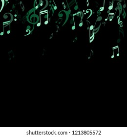 Falling Musical Symbols. Abstract Background with Notes, Bass and Treble Clefs. Vector Element for Musical Poster, Banner, Advertising, Card. Minimalistic Simple Background.