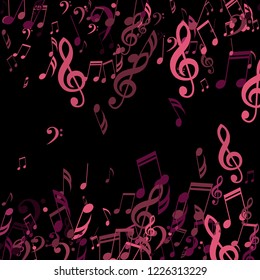 Falling Musical Symbols. Abstract Background with Notes, Bass and Treble Clefs. Vector Element for Musical Poster, Banner, Advertising, Card. Minimalistic Simple Background.