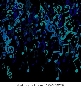Falling Musical Symbols. Abstract Background with Notes, Bass and Treble Clefs. Vector Element for Musical Poster, Banner, Advertising, Card. Minimalistic Simple Background.