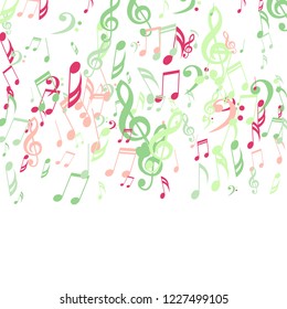 Falling Musical Symbols. Abstract Background with Notes, Bass and Treble Clefs. Vector Element for Musical Poster, Banner, Advertising, Card. Minimalistic Simple Background.