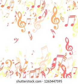 Falling Musical Symbols. Abstract Background with Notes, Bass and Treble Clefs. Vector Element for Musical Poster, Banner, Advertising, Card. Minimalistic Simple Background.