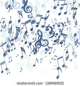 Falling Musical Symbols. Abstract Background with Notes, Bass and Treble Clefs. Vector Element for Musical Poster, Banner, Advertising, Card. Minimalistic Simple Background.