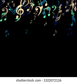 Falling Musical Symbols. Abstract Background with Notes, Bass and Treble Clefs. Vector Element for Musical Poster, Banner, Advertising, Card. Minimalistic Simple Background.