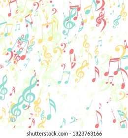 Falling Musical Symbols. Abstract Background with Notes, Bass and Treble Clefs. Vector Element for Musical Poster, Banner, Advertising, Card. Minimalistic Simple Background.