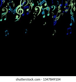 Falling Musical Symbols. Abstract Background with Notes, Bass and Treble Clefs. Vector Element for Musical Poster, Banner, Advertising, Card. Minimalistic Simple Background.