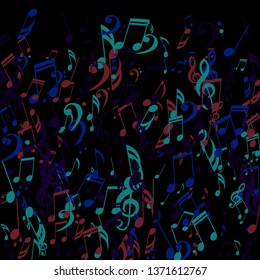 Falling Musical Symbols. Abstract Background with Notes, Bass and Treble Clefs. Vector Element for Musical Poster, Banner, Advertising, Card. Minimalistic Simple Background.