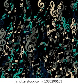 Falling Musical Symbols. Abstract Background with Notes, Bass and Treble Clefs. Vector Element for Musical Poster, Banner, Advertising, Card. Minimalistic Simple Background.