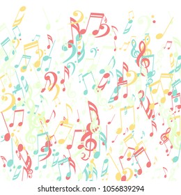 Falling Musical Symbols. Creative Background with Notes, Bass and Treble Clefs. Vector Element for Musical Poster, Banner, Advertising, Card. Minimalistic Simple Background.