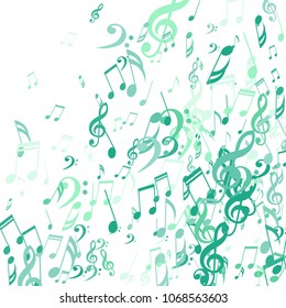 Falling Musical Symbols. Creative Background with Notes, Bass and Treble Clefs. Vector Element for Musical Poster, Banner, Advertising, Card. Minimalistic Simple Background.