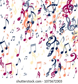 Falling Musical Symbols. Creative Background with Notes, Bass and Treble Clefs. Vector Element for Musical Poster, Banner, Advertising, Card. Minimalistic Simple Background.