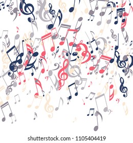 Falling Musical Symbols. Creative Background with Notes, Bass and Treble Clefs. Vector Element for Musical Poster, Banner, Advertising, Card. Minimalistic Simple Background.