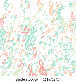 Falling Musical Symbols. Creative Background with Notes, Bass and Treble Clefs. Vector Element for Musical Poster, Banner, Advertising, Card. Minimalistic Simple Background.