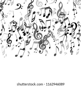 Falling Musical Symbols. Creative Background with Notes, Bass and Treble Clefs. Vector Element for Musical Poster, Banner, Advertising, Card. Minimalistic Simple Background.