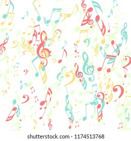 Falling Musical Symbols. Creative Background with Notes, Bass and Treble Clefs. Vector Element for Musical Poster, Banner, Advertising, Card. Minimalistic Simple Background.