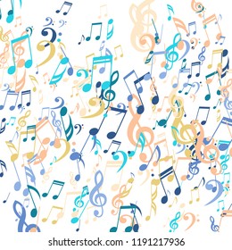 Falling Musical Symbols. Creative Background with Notes, Bass and Treble Clefs. Vector Element for Musical Poster, Banner, Advertising, Card. Minimalistic Simple Background.