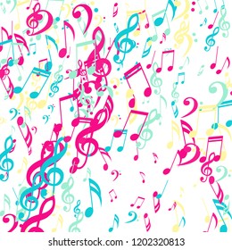 Falling Musical Symbols. Creative Background with Notes, Bass and Treble Clefs. Vector Element for Musical Poster, Banner, Advertising, Card. Minimalistic Simple Background.