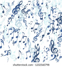 Falling Musical Symbols. Creative Background with Notes, Bass and Treble Clefs. Vector Element for Musical Poster, Banner, Advertising, Card. Minimalistic Simple Background.