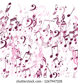 Falling Musical Symbols. Creative Background with Notes, Bass and Treble Clefs. Vector Element for Musical Poster, Banner, Advertising, Card. Minimalistic Simple Background.