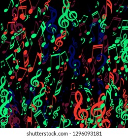 Falling Musical Symbols. Creative Background with Notes, Bass and Treble Clefs. Vector Element for Musical Poster, Banner, Advertising, Card. Minimalistic Simple Background.