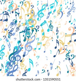 Falling Musical Symbols. Creative Background with Notes, Bass and Treble Clefs. Vector Element for Musical Poster, Banner, Advertising, Card. Minimalistic Simple Background.