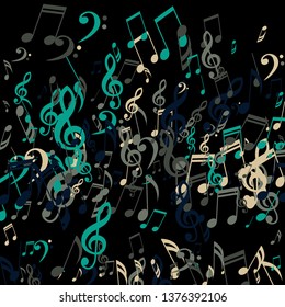 Falling Musical Symbols. Creative Background with Notes, Bass and Treble Clefs. Vector Element for Musical Poster, Banner, Advertising, Card. Minimalistic Simple Background.