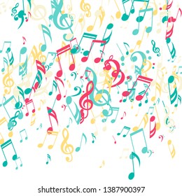Falling Musical Symbols. Creative Background with Notes, Bass and Treble Clefs. Vector Element for Musical Poster, Banner, Advertising, Card. Minimalistic Simple Background.