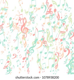 Falling Musical Symbols. Modern Background with Notes, Bass and Treble Clefs. Vector Element for Musical Poster, Banner, Advertising, Card. Minimalistic Simple Background.