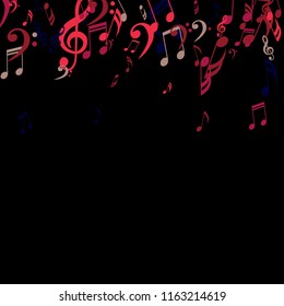 Falling Musical Symbols. Modern Background with Notes, Bass and Treble Clefs. Vector Element for Musical Poster, Banner, Advertising, Card. Minimalistic Simple Background.
