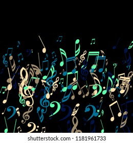 Falling Musical Symbols. Modern Background with Notes, Bass and Treble Clefs. Vector Element for Musical Poster, Banner, Advertising, Card. Minimalistic Simple Background.