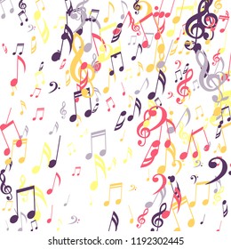 Falling Musical Symbols. Modern Background with Notes, Bass and Treble Clefs. Vector Element for Musical Poster, Banner, Advertising, Card. Minimalistic Simple Background.