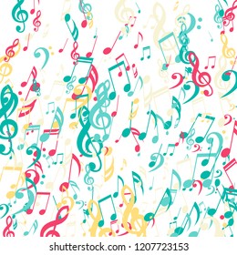 Falling Musical Symbols. Modern Background with Notes, Bass and Treble Clefs. Vector Element for Musical Poster, Banner, Advertising, Card. Minimalistic Simple Background.