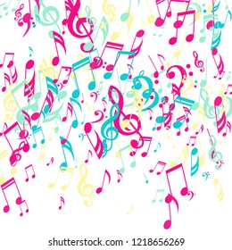 Falling Musical Symbols. Modern Background with Notes, Bass and Treble Clefs. Vector Element for Musical Poster, Banner, Advertising, Card. Minimalistic Simple Background.