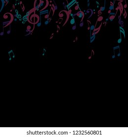 Falling Musical Symbols. Modern Background with Notes, Bass and Treble Clefs. Vector Element for Musical Poster, Banner, Advertising, Card. Minimalistic Simple Background.