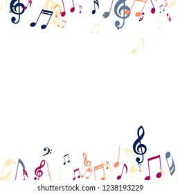 Falling Musical Symbols. Modern Background with Notes, Bass and Treble Clefs. Vector Element for Musical Poster, Banner, Advertising, Card. Minimalistic Simple Background.