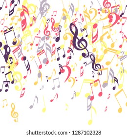 Falling Musical Symbols. Modern Background with Notes, Bass and Treble Clefs. Vector Element for Musical Poster, Banner, Advertising, Card. Minimalistic Simple Background.