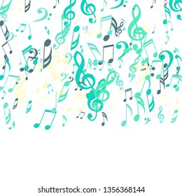 Falling Musical Symbols. Modern Background with Notes, Bass and Treble Clefs. Vector Element for Musical Poster, Banner, Advertising, Card. Minimalistic Simple Background.