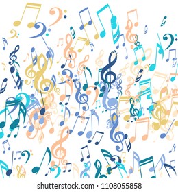 Falling Musical Symbols. Trendy Background with Notes, Bass and Treble Clefs. Vector Element for Musical Poster, Banner, Advertising, Card. Minimalistic Simple Background.